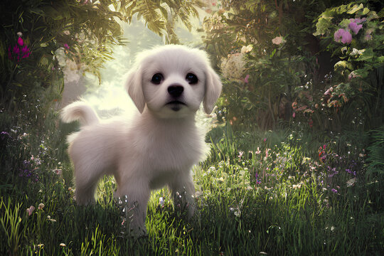 White Puppy On A Grass Field