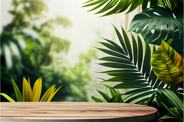 Tropical background with a wooden table on the forefront and lush vegetation with lots of copy space, perfect for editing with your product