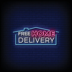 neon sign free home delivery with brick wall background vector illustration