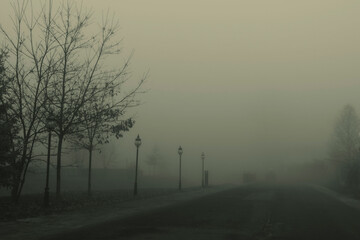 The streets of the city of Koprivshtitsa during fog.City in Bulgaria