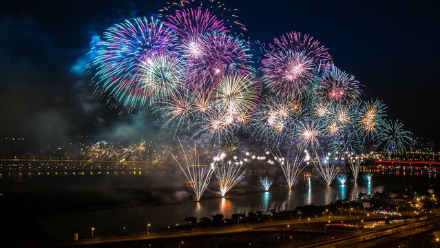 fireworks over the city in singapor