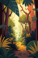 Jungle background Vector flat color cartoon illustration. Bright jungle in the morning