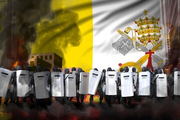 Holy See protest fighting concept, police officers on city street are protecting law against revolt - military 3D Illustration on flag background