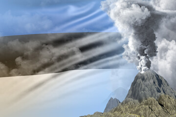 high volcano blast eruption at day time with white smoke on Estonia flag background, troubles because of natural disaster and volcanic ash conceptual 3D illustration of nature