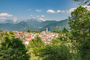 Fototapeta na wymiar Top view of Fusea village surrounding mountain landscape in Friuli Venezia Giulia, Italy