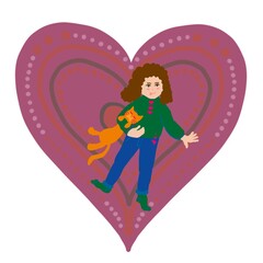 girl with heart. love to the animals. funny cat