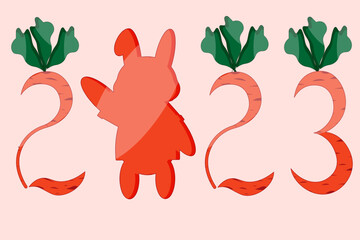 Template for 2023 calendar cover with rabbit and carrot with green leaf. Style website banner with symbol 2023 new year by chinese luna calendar and numbers in carrot shape. 