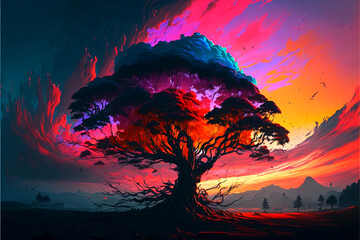 sunset in the desert with a tree