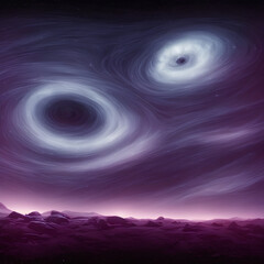 view from space on a rocky planet overlooking two black holes, generated by AI
