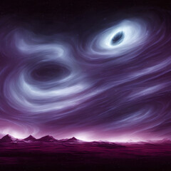 view from space on a rocky planet overlooking two black holes, generated by AI
