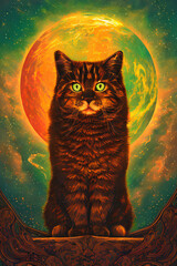 illustration of a cat with a planet in the background, generated by AI