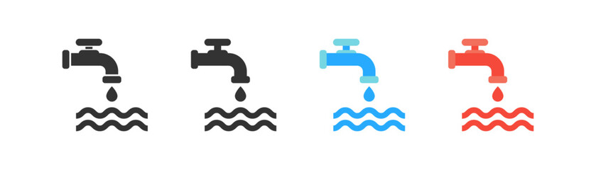 Hot and cold water icon on white background. Water tap with waterdrop. Cold blue and hot red water sign. Water dripping from tap. Drinking symbol. Colored flat design. Vector illustration