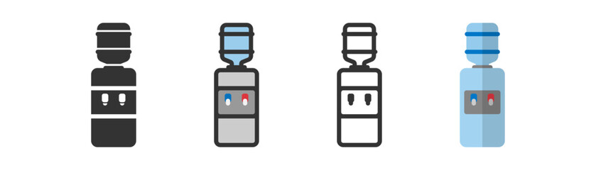 Water cooler icon on white background. Water dispencer in outline, flat and colored styles. Blue water cooler with full bottle. Flat design.