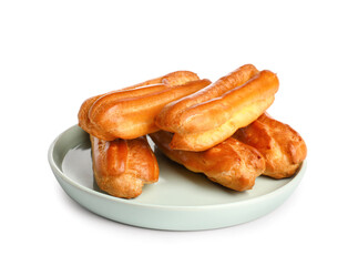 Plate with tasty eclairs isolated on white background