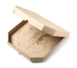 Empty greasy pizza box isolated on white background