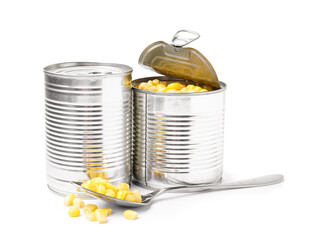 Tin cans with corn isolated on white background