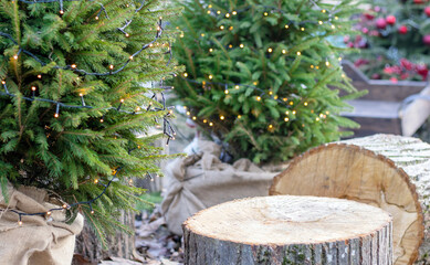 girl holding gift box red ribbon and bouquet of fir tree pine cone branches in arms coffee table outside park.christmas bokeh light typing message smartphone in hand winter new year decorations