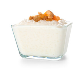 Bowl with delicious rice pudding, raisins, dried apricots and cashew nuts on white background