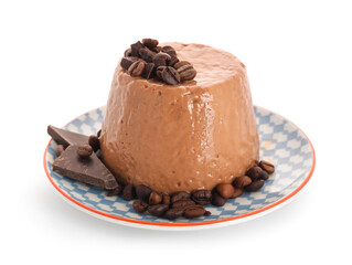 Plate with delicious pudding, coffee beans and chocolate on white background