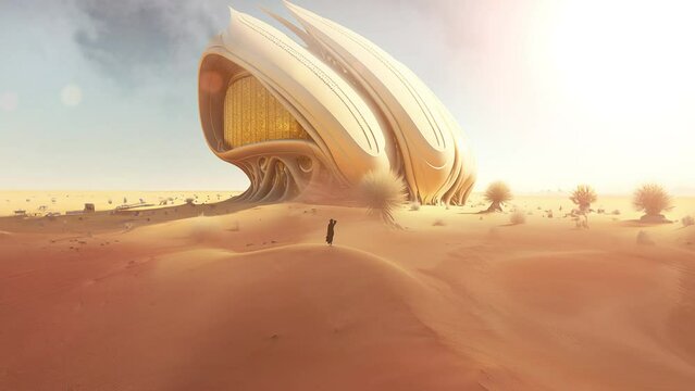 Visualisation of Futuristic building in the desert. Aerial back view of Arabic woman in black dress looks on the modern building.