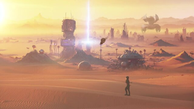 Cyberpunk style woman walks in the desert with futuristic city on the background
