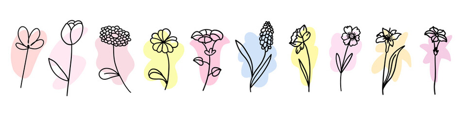 Flowers with colorful brush set in flat doodle cartoon style. Vector illustration set on white background.