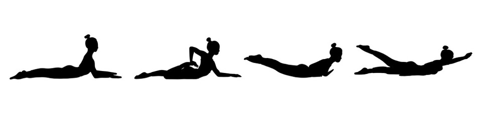 Female yoga poses set in cartoYoga poses collection. Black shadow. Female woman girl. Vector illustration in cartoon flat style isolated on white background.on shadow flat style.