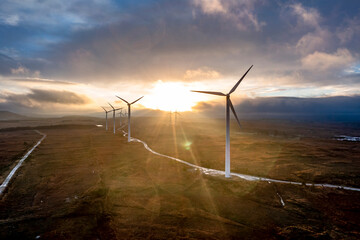 Amazing sunrise at the Loughderryduff windfarm between Ardara and Portnoo in County Donegal, Ireland