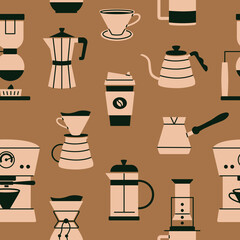 Coffee brewing tools seampless pattern. Coffee machine, moka, cup, kettle icons. Cute beverages, hot drinks flat vector. Simple, stylish design. Repeated texture for cafe menu, shop wrapping paper