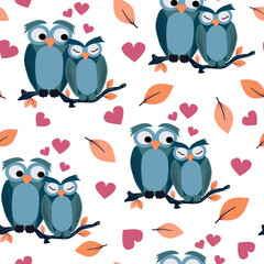 Cute cartoon character owls in love valentine seamless vector pattern background illustration