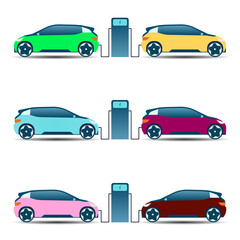 Flat vector illustration of electric car charging at the charger station. Electromobility e-motion concept.
