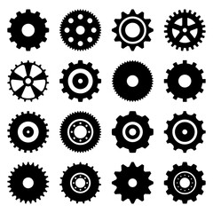Gear setting vector icon set. Isolated black gears mechanism and cog wheel. Progress or construction concept. Simple Gear wheel collection. Vector illustration