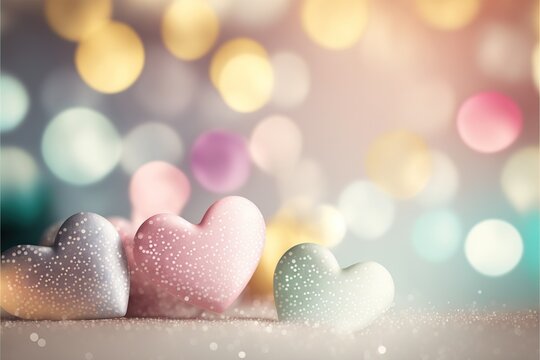 three heart shaped candies sitting on top of a table next to a blurry boke of lights in the backround of the image., generative ai