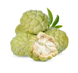 custard apple with leaves isolated on white background