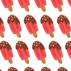 Background with strawberry ice cream poured with chocolate, decorated with hearts. Festive background on white background