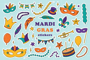 Set of Mardi Gras stickers, clip art, decorative elements isolated on blue background. Good for greeting cards, prints, posters, magnets, sublimation, etc. EPS 10