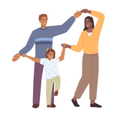 Smiling family dancing having fun together vector flat cartoon illustration. Happy active people, mather, parents and daughter have fun. Joyful parents and kids demonstrate dance movements