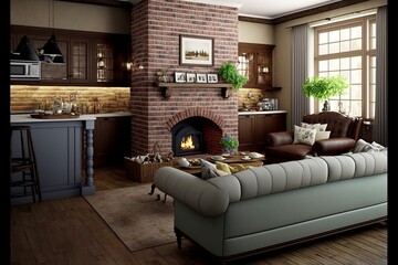 Cozy iving room interior in  a rustic style with soft furniture and a large fireplace with classic elements.