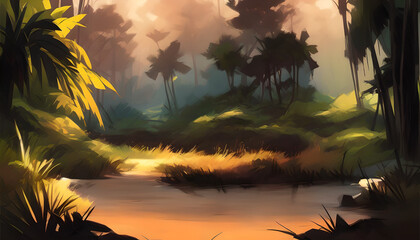 Fototapeta na wymiar sunset in the tropical jungle