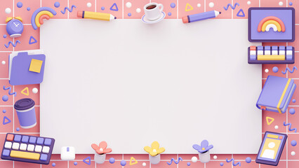 3d Render of Office Supplies Floating around White Board. Banner with Space for Text. Empty mockup banner. 3d Icons