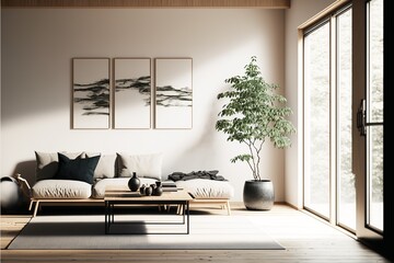 Cozy japandi living room interior, pictures on the wall 