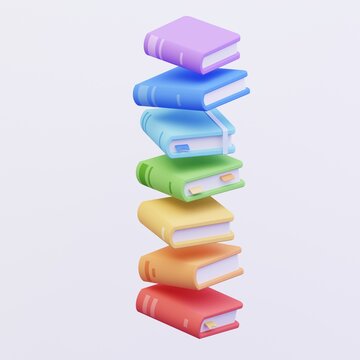 Rainbow Colored Books Floating in Line on White Background. 3D Render