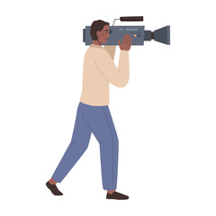 Fototapeta na wymiar Cameraman with camera on shoulder shooting video. Videography and movie production, TV-operator or videographer with professional studio equipment, flat cartoon character vector illustration