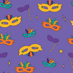Mardi gras and carnival seamless pattern with decorative hand drawn masks for wallpaper, scrapbooking, stationary, wrapping paper, textile prints, etc. EPS 10
