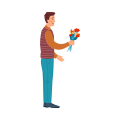 Fototapeta na wymiar Male personage giving flowers and bouquets, isolated man. Dating and celebration. Cartoon characters, vector in flat