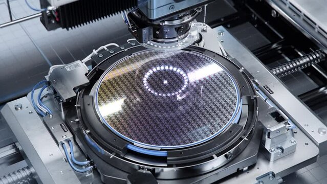 Silicon Wafer during Photolithography Process inside Complex Computer Chip Production Machine. Semiconductor Manufacturing at Modern Fab or Foundry.