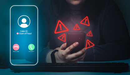 Woman reciving unwanted call on smartphone with red warning icons. Spam, scam, phishing and fraud...