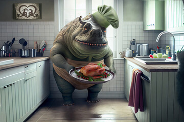 The green monster dinosaur cook, in the home kitchen, cooks roast duck or turkey chicken goose. The concept of a caring brutal man husband or friend about his beloved or family valentine ai generated