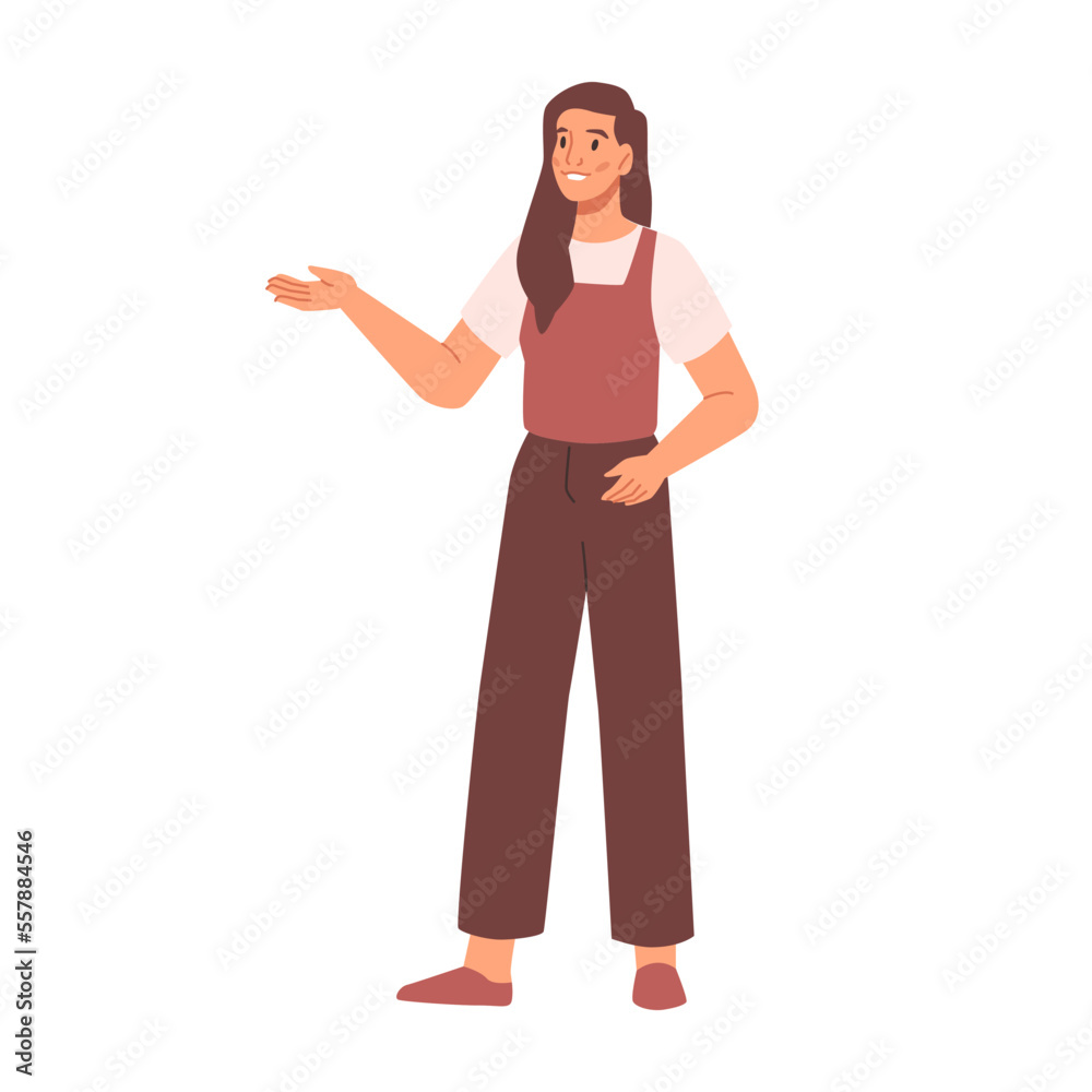 Aufkleber Female pointing at something by hand, showing and introducing product with fingers gesture. Vector illustration of cartoon woman shows presentation, promotion and advertisement