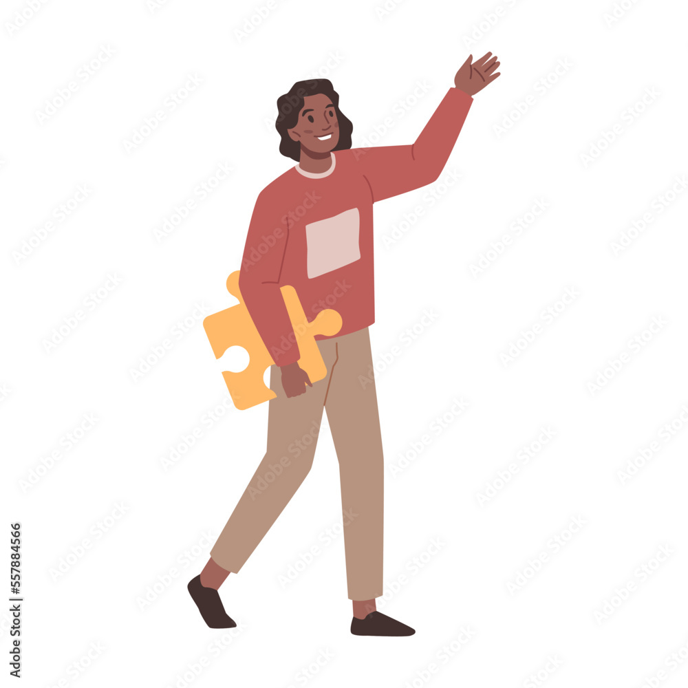 Aufkleber afro american cartoon woman with puzzle in hand, solving problems concept. female show presentation,